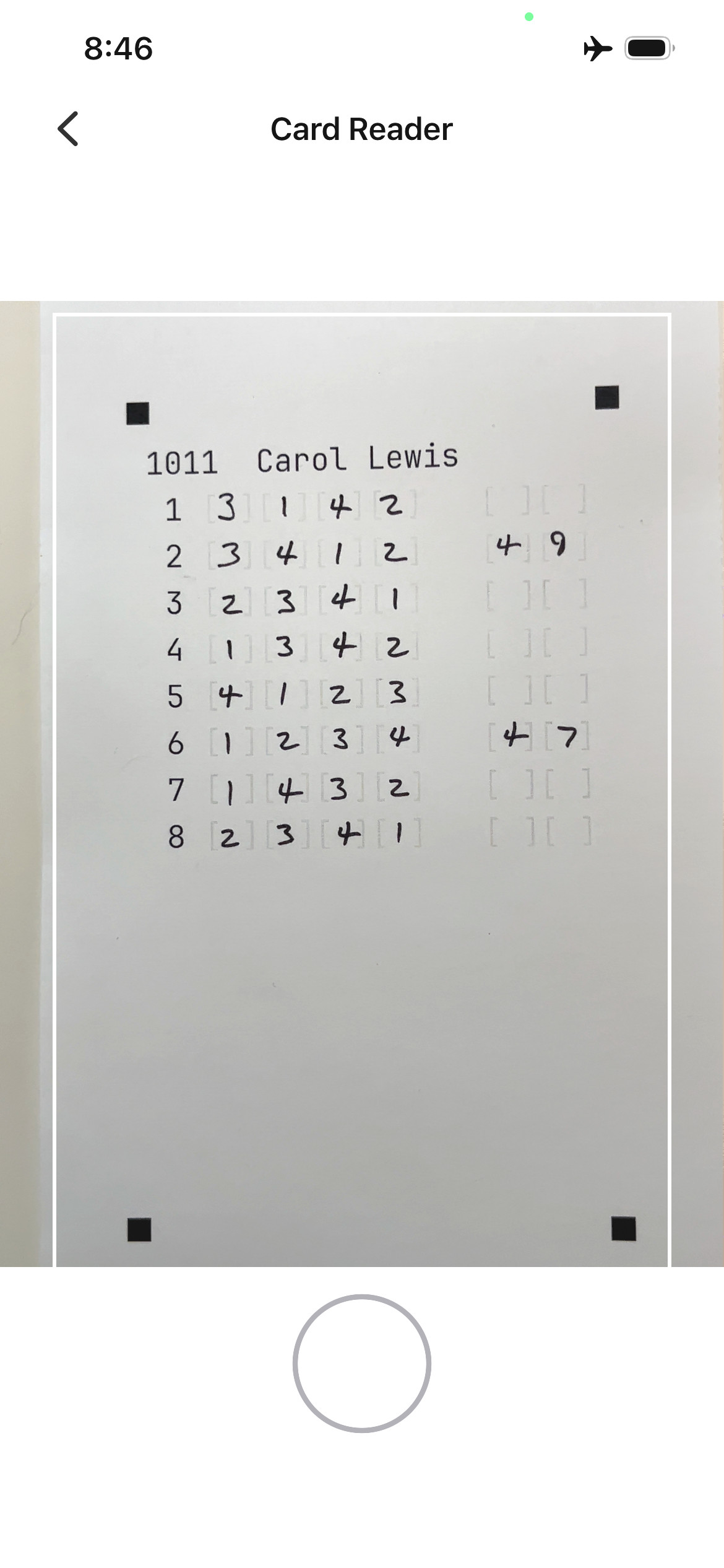 Card Reader view showing a filled judging card being scanned