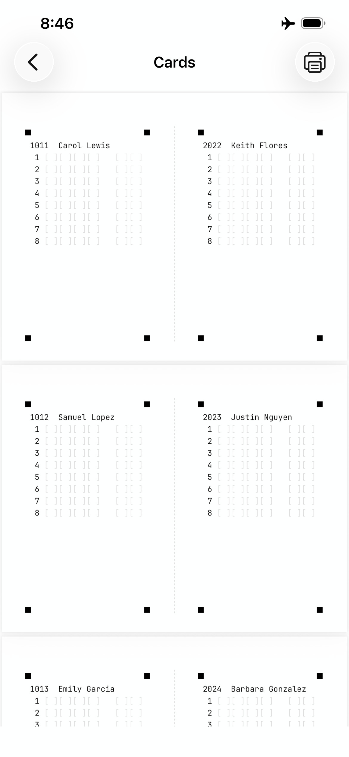 Cards view showing generated judging cards with print button