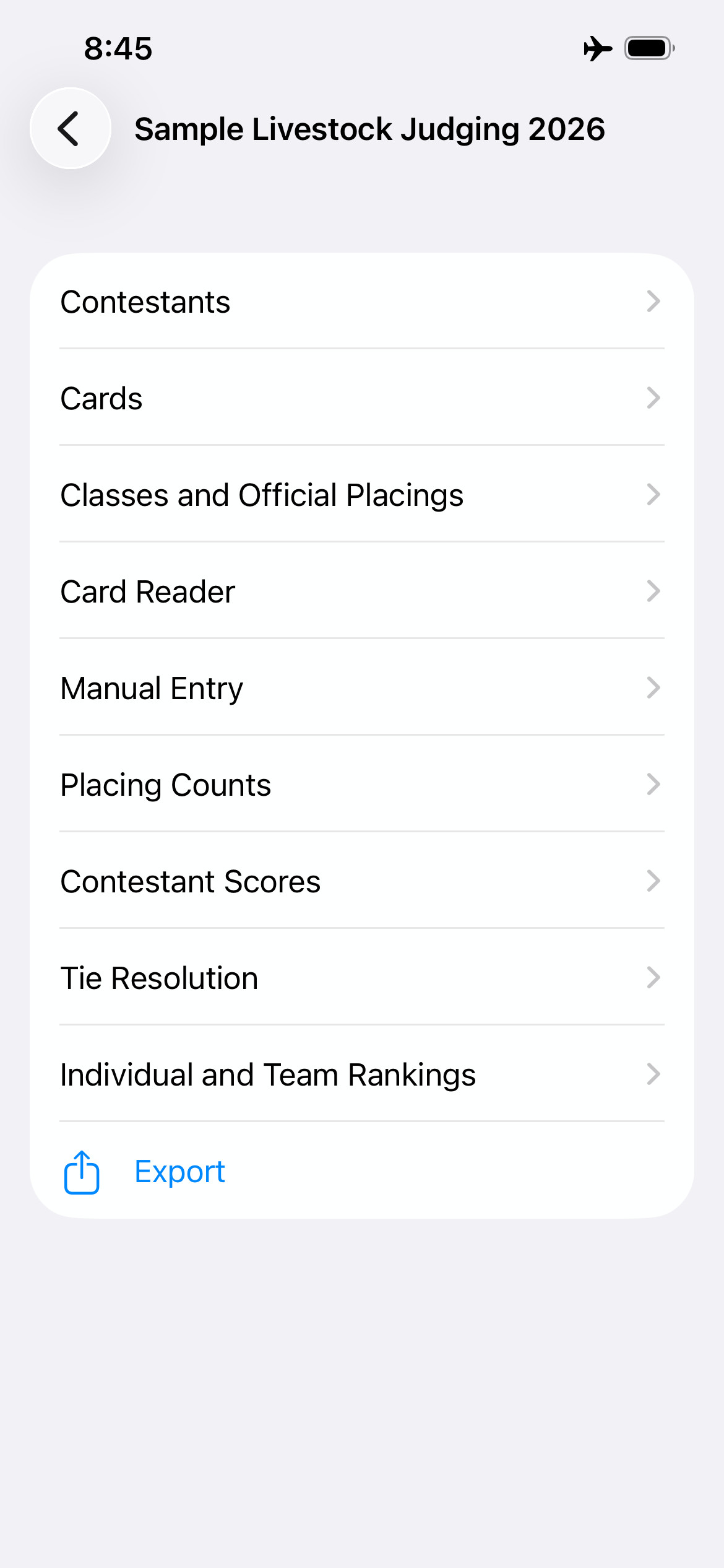 Contest menu showing all available views